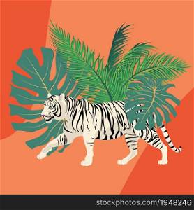 Abstract illustration of walking white tiger and tropical leaves design