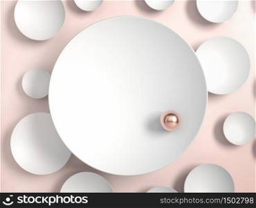 Abstract image of golden pearl on white plate or disk over pink background. 3D render. Background or mockup for cosmetics or fashion. Use for product identity, branding and presenting. Place your object or product on pedestal.. Abstract image of golden pearl on white plate or disk over pink background. 3D illustration. Background or mockup for cosmetics or fashion. Use for product identity, branding and presenting. Place your object or product on pedestal.
