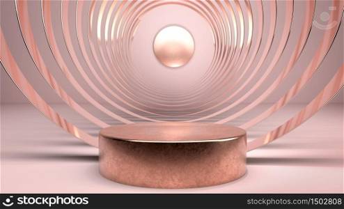 Abstract image of golden stage,podium or pedestal and copper rings on pink paper background. 3D illustration. Perfect background for presenting, branding or identity of your product or company. Place object or product on podium.. Abstract image of golden stage,podium or pedestal and copper rings on pink paper background. 3D render. Perfect background for presenting, branding or identity of your product or company. Place object or product on podium.