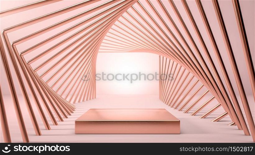 Abstract image of golden stage, podium or pedestal in geometrical golden tunnel over pink backgorund. Background for presenting your product, identity or packaging. Cosmetics and fashion image. 3d illustration. Abstract image of golden stage, podium or pedestal in geometrical golden tunnel over pink backgorund. Background for presenting your product, identity or packaging. Cosmetics and fashion image. 3d render