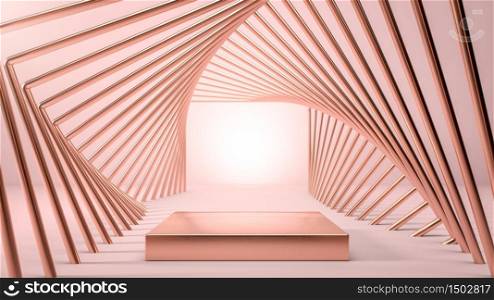 Abstract image of golden stage, podium or pedestal in geometrical golden tunnel over pink backgorund. Background for presenting your product, identity or packaging. Cosmetics and fashion image. 3d illustration. Abstract image of golden stage, podium or pedestal in geometrical golden tunnel over pink backgorund. Background for presenting your product, identity or packaging. Cosmetics and fashion image. 3d render