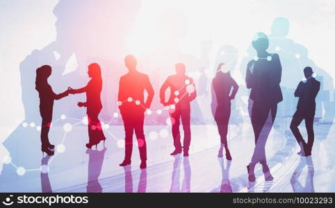 Abstract image of many business people together in group on background of city view with office building showing partnership success of business deal. Concept of employee teamwork, trust and agreement. Abstract image of many business people together in group on background of city