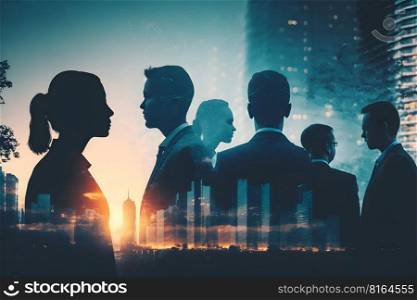 Abstract image of many business people together in group on background of city view with office building. created as a generative artwork using AI.