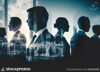 Abstract image of many business people together in group on background of city view with office building. created as a generative artwork using AI.