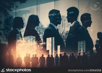 Abstract image of many business people together in group on background of city view with office building. created as a generative artwork using AI.