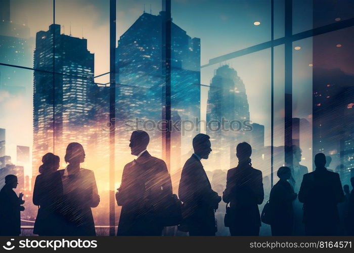 Abstract image of many business people together in group on background of city view with office building. created as a generative artwork using AI.