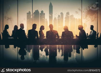 Abstract image of many business people together in group on background of city view with office building. created as a generative artwork using AI.