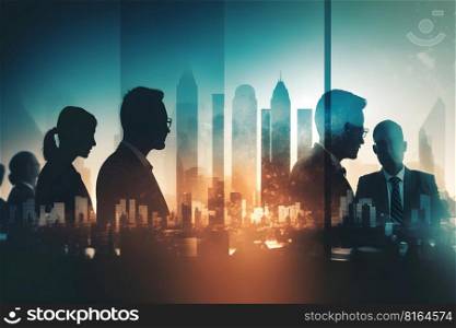 Abstract image of many business people together in group on background of city view with office building. created as a generative artwork using AI.