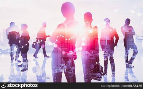 Abstract image of many business people together in group on background of city view with office building showing partnership success of business deal. Concept of employee teamwork, trust and agreement. Abstract image of many business people together in group on background of city