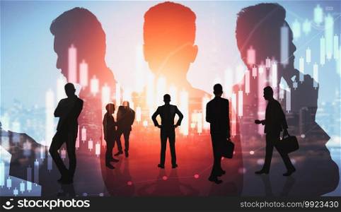 Abstract image of many business people together in group on background of city view with office building showing partnership success of business deal. Concept of employee teamwork, trust and agreement. Abstract image of many business people together in group on background of city