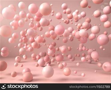 Abstract image of pink balls and spheres falling and flying over pink paper background. 3d illustration. Use image in entertainment, fashion and cosmetics advertisement.. Abstract image of pink balls and spheres falling and flying over pink paper background. 3d render. Use image in entertainment, fashion and cosmetics advertisement.