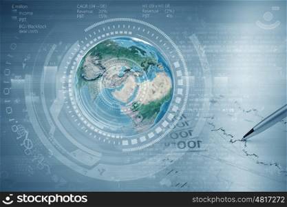 Abstract image planet earth on background of business devices. Elements of this image are furnished by NASA. Business Earth images