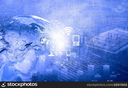 Abstract image planet earth on background of business devices. Elements of this image are furnished by NASA. Business Earth images