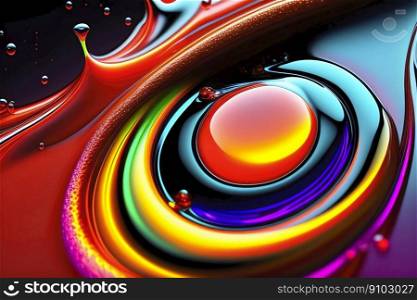 Abstract image with rich colors that circle around an orange sphere and splashes of color in the surroundings, made with generative AI