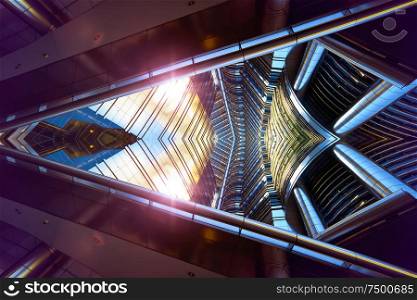 Abstract images flip effect of contemporary steel skyscraper .