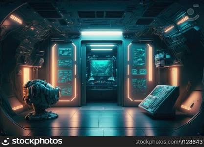 Abstract in futuristic∫erior arχtecture of spaceship with power≥≠rative technology. Concept of control room with≠on color light outer space. Fi≠st≥≠rative AI.. Abstract in futuristic∫erior of spaceship with power≥≠rative technology.
