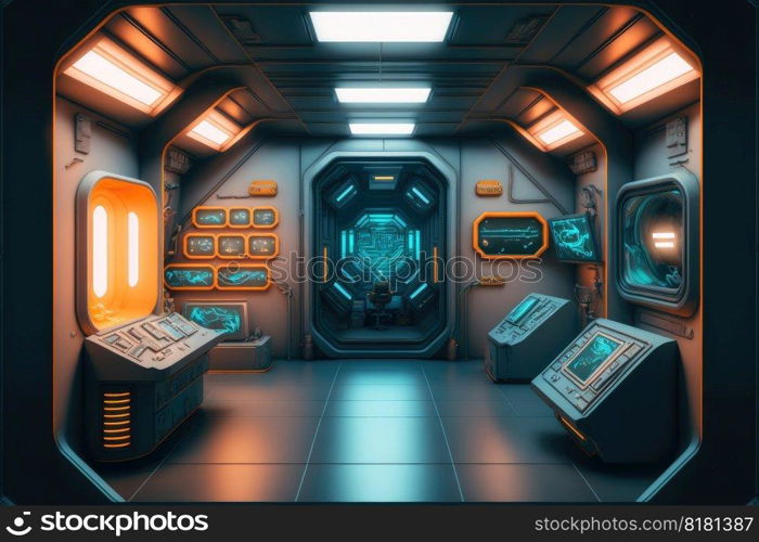 Abstract in futuristic interior architecture of spaceship with power generative technology. Concept of control room with neon color light outer space. Finest generative AI.. Abstract in futuristic interior of spaceship with power generative technology.