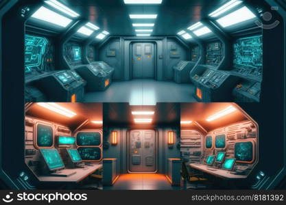 Abstract in futuristic interior architecture of spaceship with power generative technology. Concept of control room with neon color light outer space. Finest generative AI.. Abstract in futuristic interior of spaceship with power generative technology.