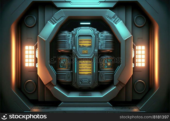 Abstract in futuristic interior architecture of spaceship with power generative technology. Concept of control room with neon color light outer space. Finest generative AI.. Abstract in futuristic interior of spaceship with power generative technology.