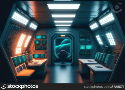 Abstract in futuristic interior architecture of spaceship with power generative technology. Concept of control room with neon color light outer space. Finest generative AI.. Abstract in futuristic interior of spaceship with power generative technology.