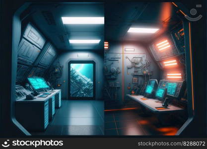 Abstract in futuristic interior architecture of spaceship with power generative technology. Concept of control room with neon color light outer space. Finest generative AI.. Abstract in futuristic interior of spaceship with power generative technology.