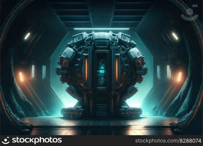 Abstract in futuristic interior architecture of spaceship with power generative technology. Concept of control room with neon color light outer space. Finest generative AI.. Abstract in futuristic interior of spaceship with power generative technology.