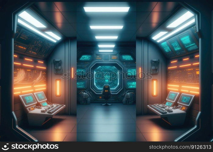 Abstract in futuristic interior architecture of spaceship with power generative technology. Concept of control room with neon color light outer space. Finest generative AI.. Abstract in futuristic interior of spaceship with power generative technology.