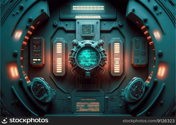 Abstract in futuristic interior architecture of spaceship with power generative technology. Concept of control room with neon color light outer space. Finest generative AI.. Abstract in futuristic interior of spaceship with power generative technology.