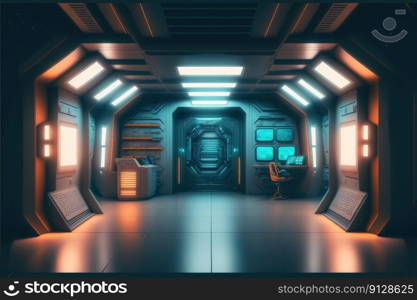 Abstract in futuristic interior architecture of spaceship with power generative technology. Concept of control room with neon color light outer space. Finest generative AI.. Abstract in futuristic interior of spaceship with power generative technology.