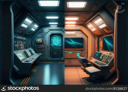 Abstract in futuristic interior architecture of spaceship with power generative technology. Concept of control room with neon color light outer space. Finest generative AI.. Abstract in futuristic interior of spaceship with power generative technology.