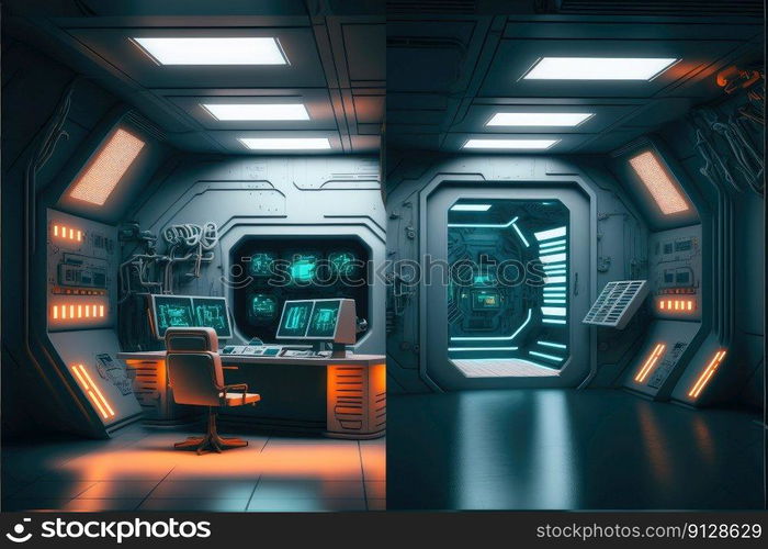 Abstract in futuristic interior architecture of spaceship with power generative technology. Concept of control room with neon color light outer space. Finest generative AI.. Abstract in futuristic interior of spaceship with power generative technology.