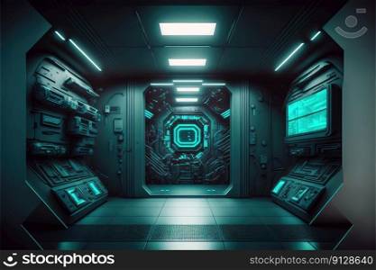 Abstract in futuristic interior architecture of spaceship with power generative technology. Concept of control room with neon color light outer space. Finest generative AI.. Abstract in futuristic interior of spaceship with power generative technology.