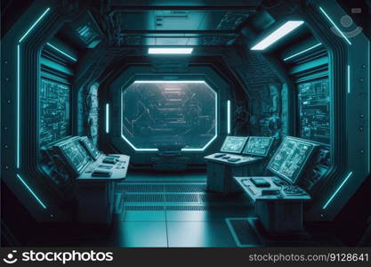 Abstract in futuristic interior architecture of spaceship with power generative technology. Concept of control room with neon color light outer space. Finest generative AI.. Abstract in futuristic interior of spaceship with power generative technology.