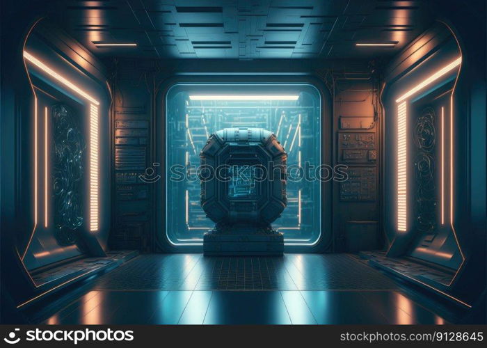 Abstract in futuristic interior architecture of spaceship with power generative technology. Concept of control room with neon color light outer space. Finest generative AI.. Abstract in futuristic interior of spaceship with power generative technology.