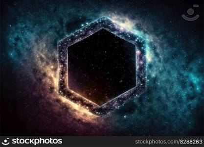 Abstract in glowing neon starlight and particles in hexagon shape. Concept of fantastic sparkle dust with hole frame in nebula space. Finest generative AI.. Abstract in glowing neon starlight and particles with hexagon shape in nebula.