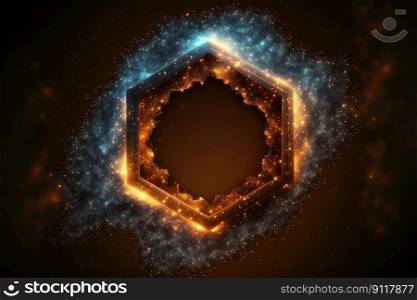 Abstract in glowing neon starlight and particles in hexagon shape. Concept of fantastic sparkle dust with hole frame in nebula space. Finest generative AI.. Abstract in glowing neon starlight and particles with hexagon shape in nebula.
