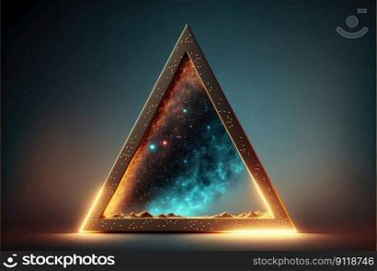 Abstract in glowing neon starlight and particles in triangle shape. Concept of fantastic sparkle dust with hole frame in nebula space. Finest generative AI.. Abstract in glowing neon starlight and particles with triangle shape in nebula.