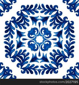 Abstract indigo and white medallion tile seamless ornamental pattern. Watercolor pattern cross ceramic mosaic tile with flower. mediterranean tile background seamless pattern. Decoartive mosaic ceramic design