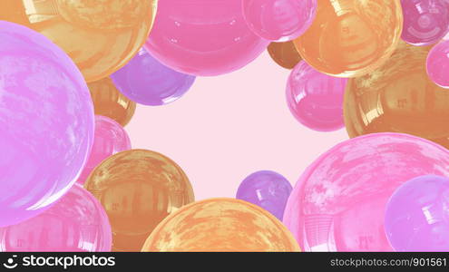 Abstract kawaii 3D illustration with geometric balloons pattern soft pastel gradient pink soft background. Concept for event Holidays,celebration