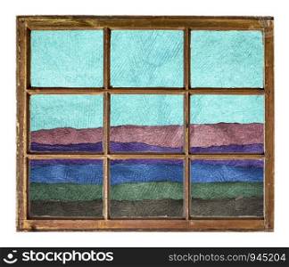 abstract landscape in blue and green tones created with sheets of handmade paper as seen through a vintage sash window