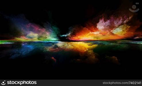 Abstract landscape. Perspective Paint series. Interplay of clouds, colors, lights and horizon line on illustration, painting, creativity and imagination