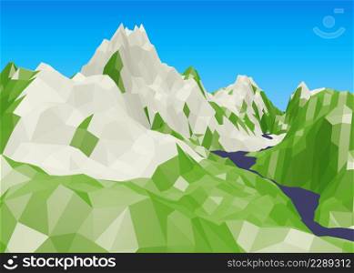 Abstract landscape with green snowy mountains and river, low poly, 3D Illustration.