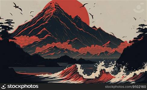 Abstract landscape with mountains and rising sun in japanese style. Generative AI.. Abstract landscape with mountains and rising sun in japanese style. Generative AI