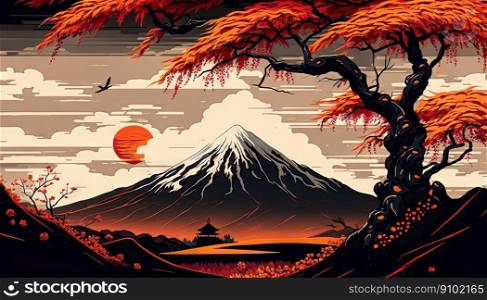 Abstract landscape with mountains and rising sun in japanese style. Generative AI.. Abstract landscape with mountains and rising sun in japanese style. Generative AI