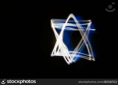 Abstract Light bars in shape of the Star of David. Colorful and glowing.blue and white color.