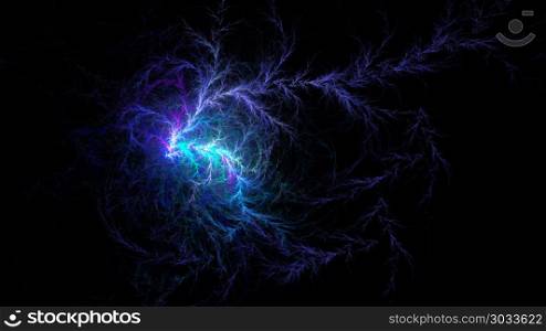 Abstract lightning fractal design isolated on black background. Widescreen.