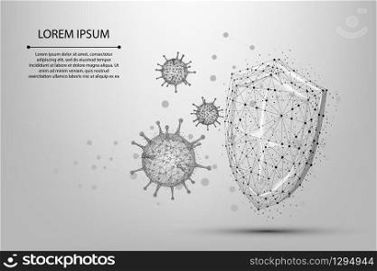 Abstract line and point coronavirus cell near shield. Low poly Immunology, new strain epidemic, protection from virus vector illustration. Abstract polygonal image.