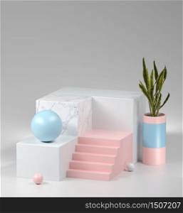 Abstract marble display and pastel perspective composition for show products with snake plants, 3d illustration