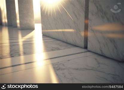 Abstract marble room with shiny lights. Interior view with marble background and scenic lightning. Generated AI
