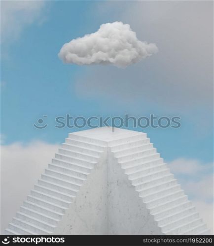 Abstract marble staircase with blank top flat showcase pedestal platform and fluffy cotton candy cloud floating above 3d render illustration